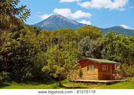 Wooden bungalows on campsite