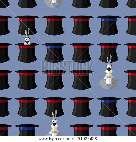 Rabbit in hat seamless pattern. Vector background for magical presentation. magician attributes: rab