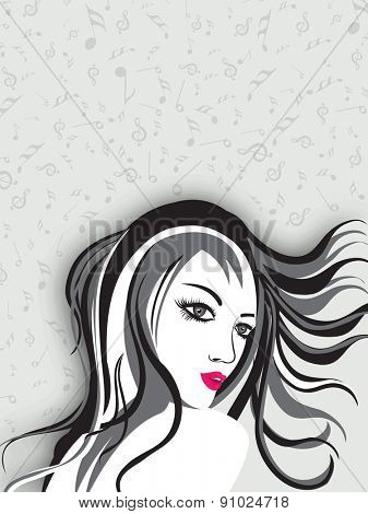 Portrait of a girl on musical notes background.