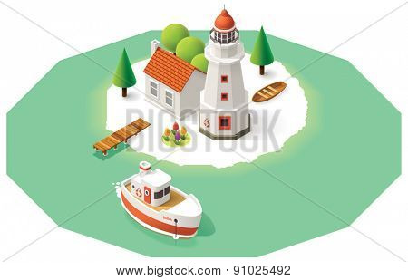 Isometric lighthouse building with pier and ship