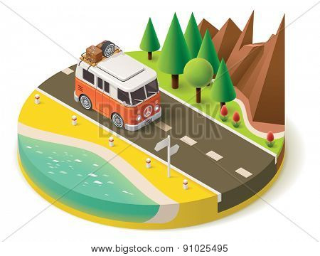 Isometric camper van on the road