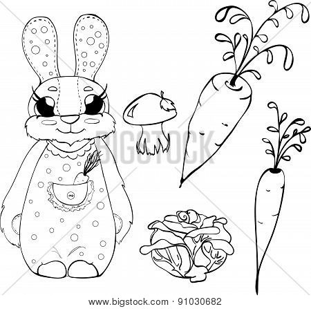 Set of vegetables and bunny in cartoon style