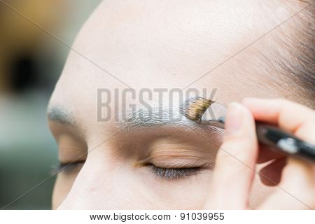 Application of powder on the model's face. Makeup artist in a beauty salon doing make-up special bru