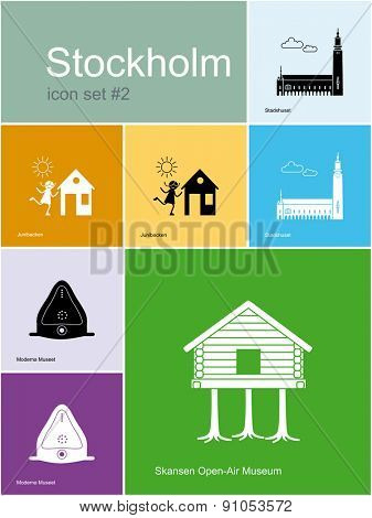 Landmarks of Stockholm. Set of color icons in Metro style. Raster illustration.