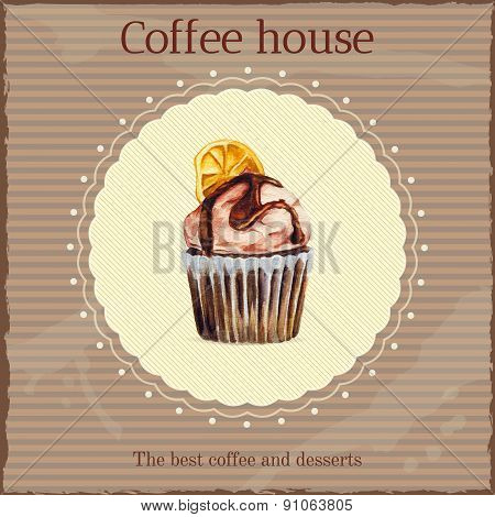 Watercolor coffee house advertisement with cupcake illustration