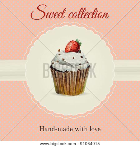Hand-made desserts flyer template with watercolor cupcake illustration