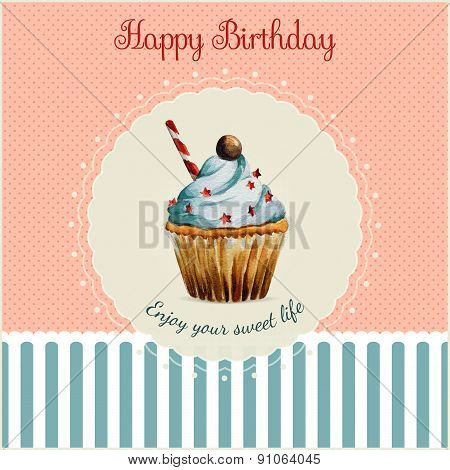 Birthday greeting card template with watercolor cupcake illustration