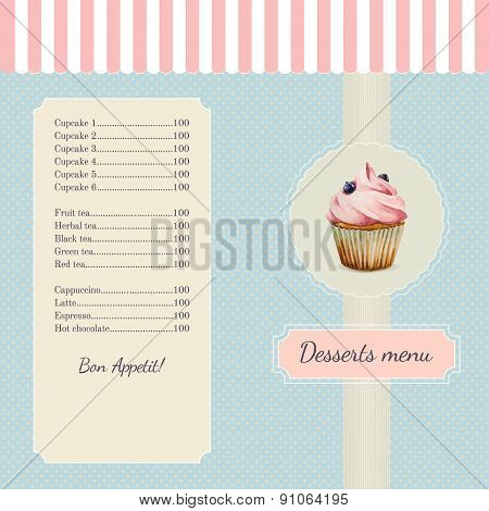 Confectionery menu template with watercolor cupcake illustration