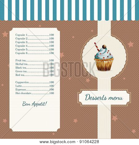 Confectionery menu template with watercolor cupcake illustration