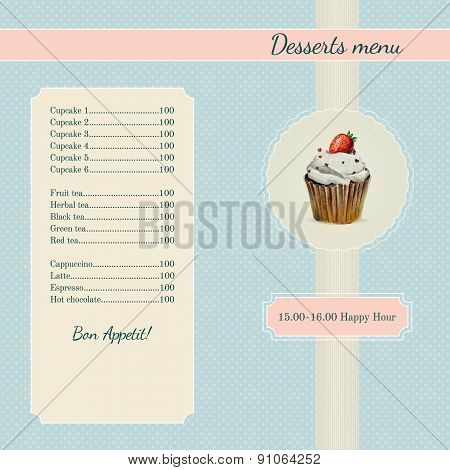Cafe menu template with watercolor cupcake illustration