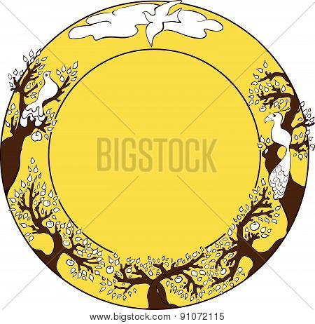 Ornamental round frame with apple trees and birds