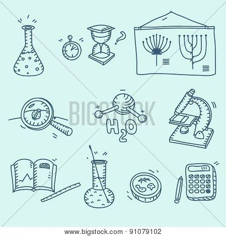 Science icons set school laboratory chemistry biology experiment investigation and observation hand