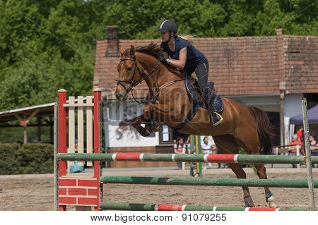 Young Horsewoman In Black Is Jumping A Brown Horse