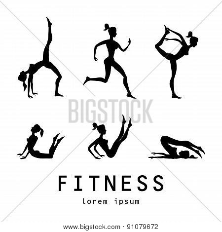 Poses Silhouettes Vector Yoga Illustration. Set. Women Class Center Studio