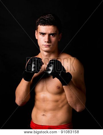 Portrait of boxer hitting in gloves.