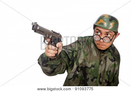 Military man with a gun isolated on white