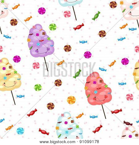 Seamless Pattern Of Sweets, Cotton Candy, Lollipops, Little Star