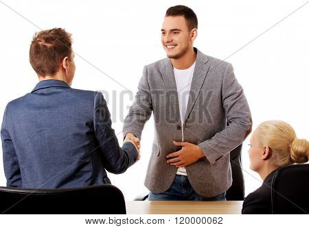 Business meeting-three people sitting and talking
