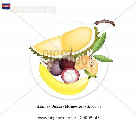 Cambodia Fruits Of Mangosteens, Banana, Durian And Sapodilla