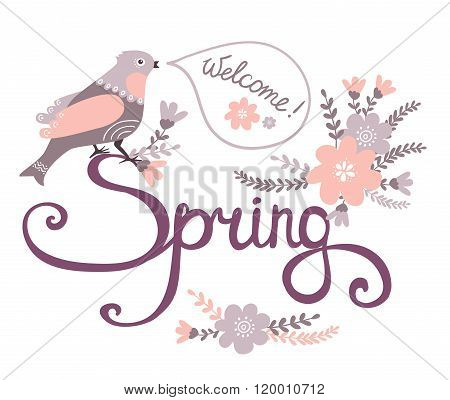 Cute cartoon bird on flowers in vector. Stylish floral card. Summer background in bright colors.