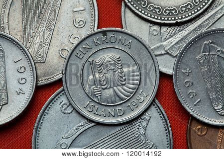 Coins of Iceland. Mountain giant landvaettir depicted in the Icelandic one krona coin (1987).