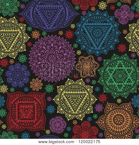 Seamless pattern with seven chakras and flowers. Oriental ornaments for henna tattoo and for your de