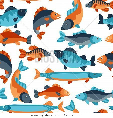 Seamless pattern with various fish. Background made without clipping mask. Easy to use for backdrop,