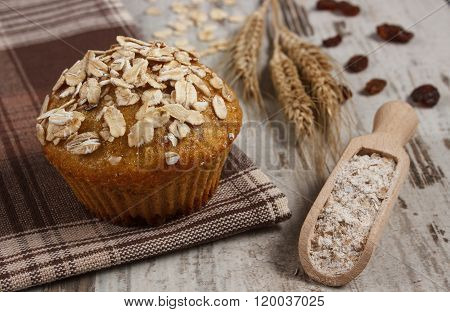 Fresh Muffin With Oatmeal, Rye Flour And Ears Of Rye Grain, Delicious Healthy Dessert