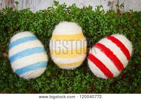 Easter Eggs Wrapped Woolen String And Green Cress, Decoration For Easter