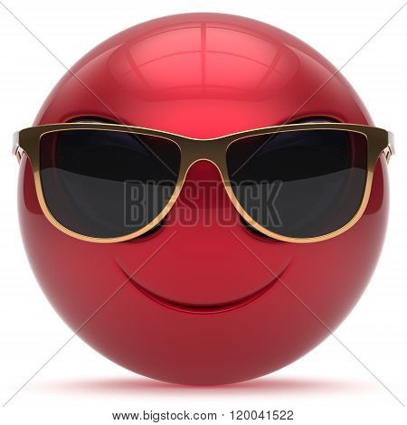 Smiley alien face cartoon cute sunglasses head emoticon monster ball red golden avatar. Cheerful funny smile invader person character toy laughing eyes joy icon concept