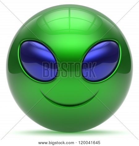 Smiley alien face cartoon cute head emoticon monster ball green blue avatar. Cheerful funny smile invader person character toy laughing eyes joy icon concept