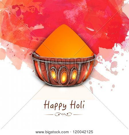Beautiful glossy pot full of Dry Colour (Gulaal) on abstract colour splash background for Indian Festival, Happy Holi celebration.