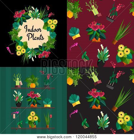 Illustration of houseplants, indoor and office plants in pot. Dracaena, fern, bamboo, spathyfyllium,
