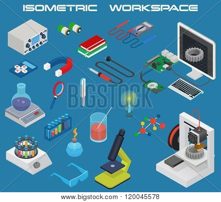 Isometric science concept with 3D design, electronics and chemistry equipment