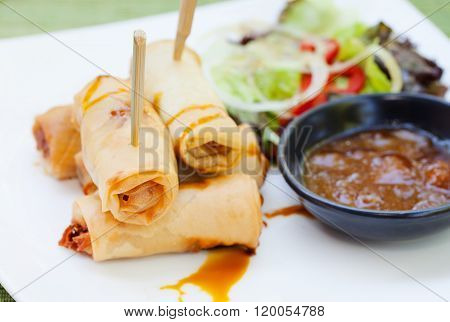 Spring rolls with vegetables, sweet mango chili sauce. Asian cuisine