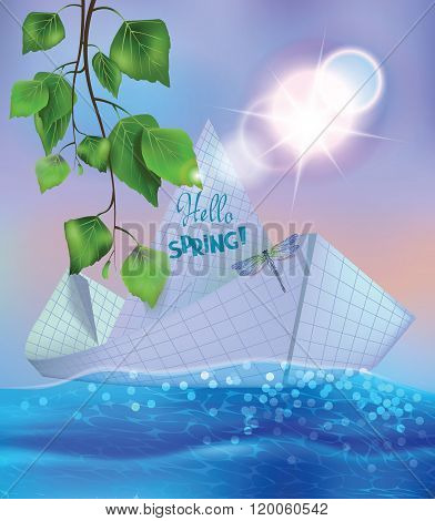 Paper ship swims on spring brook and branch of birch. Vector illustration
