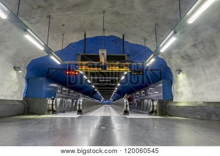 January 5 2016. Stockholm. The interior and the escalators of station "T-Centralen" in the Stockholm metro.Sweden.