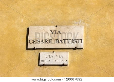 Via Cesare Battisti, Street Plate On A Wall Of House In Florence, Italy