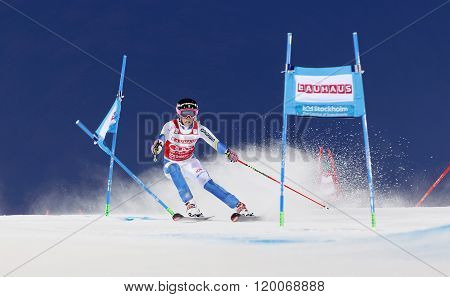 STOCKHOLM SWEDEN - FEB 23 2016: Frida Hansdotter (SWE) skiing at the FIS Alpine Ski World Cup - Men's and Woman's city event February 23 2016 Stockholm Sweden