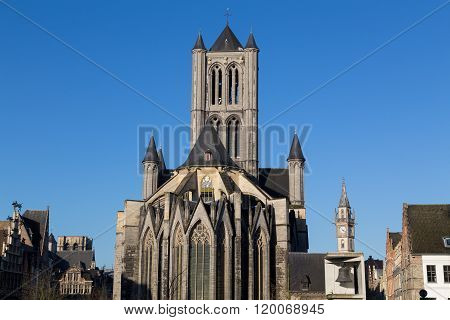 Saint Nicholas' Church in Ghent City Center on a bright clear day. There is space for text.