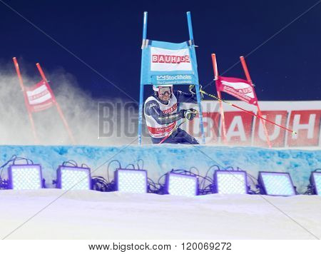 STOCKHOLM SWEDEN - FEB 23 2016: Patrick Thaler (ITA) skiing at the FIS Alpine Ski World Cup - city event February 23 2016 Stockholm Sweden