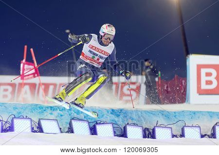 STOCKHOLM SWEDEN - FEB 23 2016: Patrick Thaler (ITA) skiing at the FIS Alpine Ski World Cup - city event February 23 2016 Stockholm Sweden