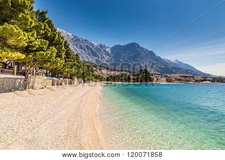 Amazing View Of Brela Village Sea Empty Beach And Biokovo Mountain - Brela Makarska Dalmatia Croatia