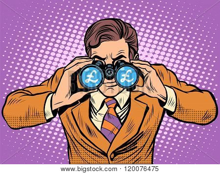 Financial monitoring of currency pound businessman binoculars
