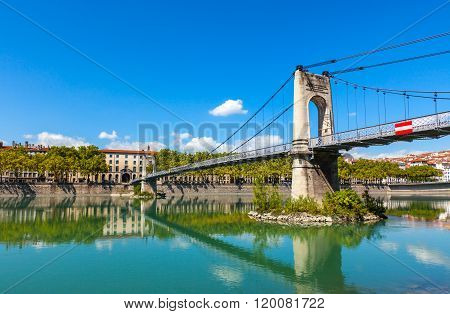 Old Passerelle Du College Bridge Over Rhone River In Lyon, France