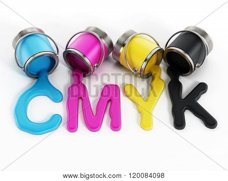 CMYK buckets with cyan magenta yellow and black inks