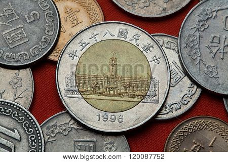Coins of Taiwan. Presidential Office Building in Taipei, Taiwan depicted in the Taiwan 50 dollars coin (1996).