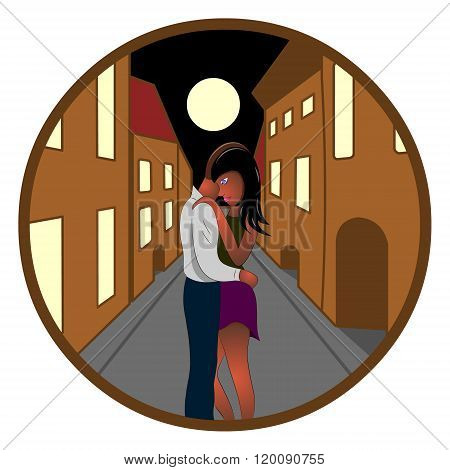 girl and the guy embrce in the night city