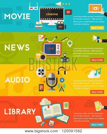 Flat concept banners. Audio, online library, video and news