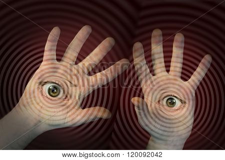 Mythological Japanese folktale monster with eyes located on palms of hands